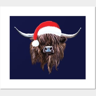 Scottish Highland Cow Christmas Santa Hat Posters and Art